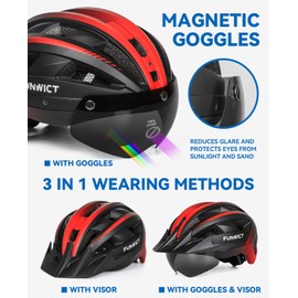 FUNWICT Adult Bike Helmet with Visor and Goggles for Men Women Mountain Road Bicycle Helmet Rechargeable Rear Light Cycling Helmet (M: 54-58 cm (21.3-22.8 inches), MixBlack)