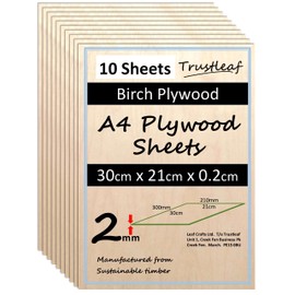 Trustleaf 2mm A4 Approx Birch Ply Sheets 210mm x 300mm (Pack of 10) - Birch Veneer with Poplar Core