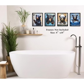 ZOIYINO Funny Bathroom Bear Wall Art Black Bear Canvas Wall Art,Rustic Farmhouse Bathroom Wall Decor Funny Animal Pictures Wall Decor for Kids Restroom Home Decor Set of 4(8"x10"Unframed)