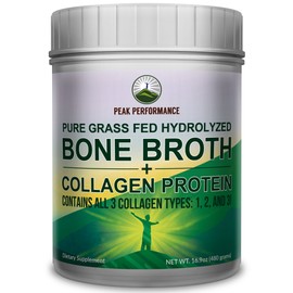 Hydrolyzed Bone Broth and Collagen Unflavored Protein Peptides Powder by Peak Performance. Contains All Collagen Types: 1, 2, and 3. Pure Pasture, Raised Grass Fed, Paleo Friendly, Gluten + Dairy Free