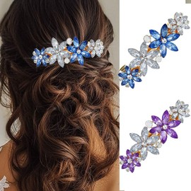 HEREAD Crystal French Barrette Hair Clips Rhinestones Gold Hair Barrettes Vintage Hair Accessories for Women (Pack of 2) (Blue and Purple)