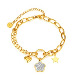 Women's Bracelet, Gold Clover Bracelet, Simple Design, Star Bracelet, 2 Strands of Curb Chain, Bracelet, Adjustable Size, Women's Bracelet, Accessories (Quatrefoil ), Stainless Steel, Cubic Zirconia