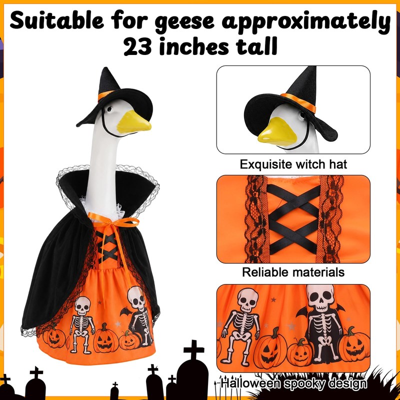 3Pcs Halloween Porch Goose Outfit Pumpkin Dress Witch Cape Hat