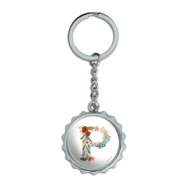 Letter P Floral Monogram Initial Keychain Chrome Plated Metal Pop Cap Bottle Opener