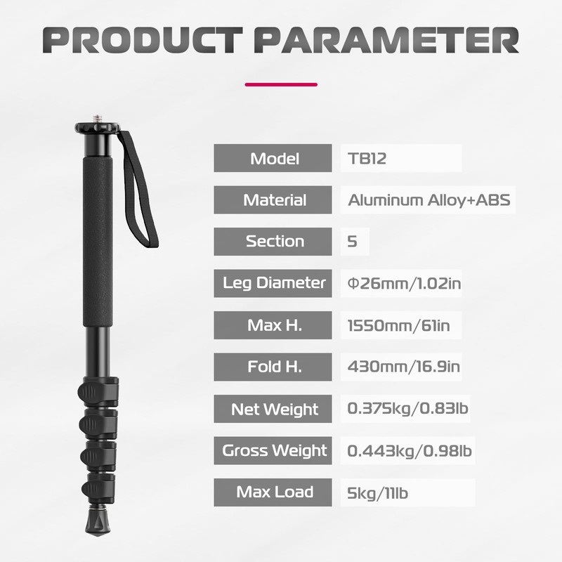 ULANZI TB12 Camera Monopod, 61" Aluminum Photography Monopod with 5-Section