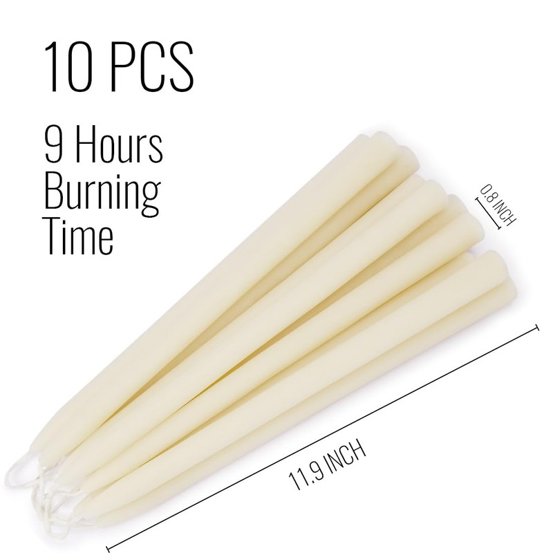 JONERAY 12-inch Ivory Beeswax Taper Candles - 9 Hour Long