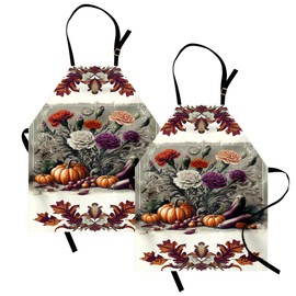 Ambesonne Autumn Apron Pack of 2, Victorian Leaves Ornate Fall Pumpkin Eggplant and Blooming Flowers Art, Unisex Kitchen Bib with Adjustable Neck, 2 Pcs - Adult Size, Sage Green Plum Orange