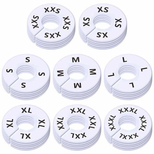 40 Pack Round White Plastic Clothing Size Closet Rack Dividers Hangers, Preprinted in 8 Sizes XXS, XS, S, M, L, XL, XXL, XXXL (Outer 3.5”, Inner Diameter 1.38”)