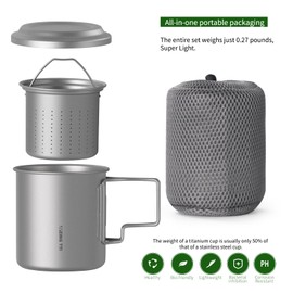 ZING TII Titanium Camping Cup with Tea Infuser - Lightweight 15oz Travel Mug with Handle & Lid, Durable Backpacking Cookware for Outdoor Adventures, Tea Brewing Cup for Hiking/Camping (450ml)