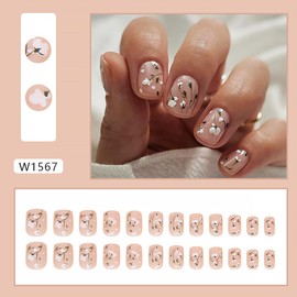 24pcs White Flower Press on Nails Short Square Fake Nails White Flower Glue on Nails with Little Flower Artificial Nails Colour Flower False Nails Design Glossy Acrylic for Women and Girls Nail Kit