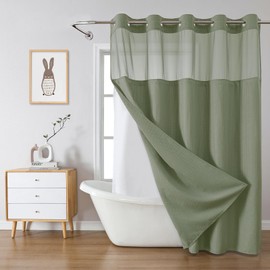 eachope SageGreen No Hook Waffle Weave Shower Curtain with snap-in Liner Replacement, 230GSM Waterproof Fabric Hotel Shower Curtain Set for Bathroom, Through Mesh Top Window,71Wx77H