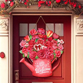 Seeloowy Valentine's Day Door Decor Valentines Welcome Sign 11.81 x 11.81 Inch Rose Style Welcome Wooden Decor Valentine's Day Wreaths for Front Door Farmhouse Outdoor Porch Decor