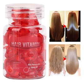 Capsules for Hair Care, Hair Treatment Serum, Improves Dryness and Frizz Effect, Hair Care, Vitamin Capsules, Moisturising, Anti-Frizz, Repair of Hair Damage, Essential (Red)