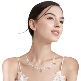 Pearl SeaShell Necklace Gold Shell&Starfish&Sun Charm Necklace for Women Boho Summer Sea Shell Starfish Necklaces Beach Vacation Essentials