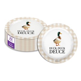 Duck Duck Deuce Second Birthday - 32 Piece Disposable Party Supplies - Decorations for Beige Gingham 2nd Birthday Round Party Plates - Large 9" Paper Plates In Bulk