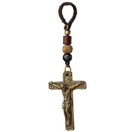 RTGGSEL Retro Brass Cross Keychain Bags Keyring Rearview Mirror Hanging Ornament Catholic Cross Decor Religious Jewelry Gifts (Cross Crucifix)