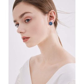 Crystal Flower Burst Stud Earirings - 14k White Gold Plated Blue Sapphire CZ Cubic Zirconia Rhinestone Daisy Floral Cluster Earring Bridal Costume Jewelry for Bride Bridesmaid Birthstone Birthday Gift