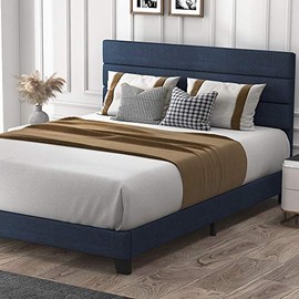 Allewie King Size Platform Bed Frame with Fabric Upholstered Headboard and Strong Wooden Slats, Fully Upholstered Mattress Foundation / Box Spring Optional / Easy Assembly, Blue