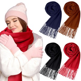 Shyyween 4 Pcs Soft Shawl Womens Scarf Winter Silky Wrap Soft Winter Neck Scarf Warm Travel with Tassel Edge for Men(Black, Wine Red, Dark Camel, Dark Blue)