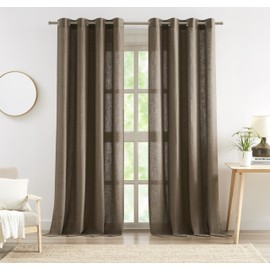 Central Park Linen Grommet Semi Sheer Curtain Panel 108 Inches Long for Living Room, Flax Linen Blended Farmhouse Rustic Light Filtering Window Treatment Drape for Bedroom, Café Brown, 58"x108"x2