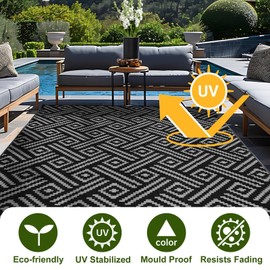 OPPODREAM Outdoor Rug 4x6 Ft, Waterproof Outdoor Plastic Straw Rug for Patio, Reversible Out Door Carpet for Camping, Deck, Rv, 4 x 6 Area Carpet for Balcony, Porch, Backyard, Black and Grey
