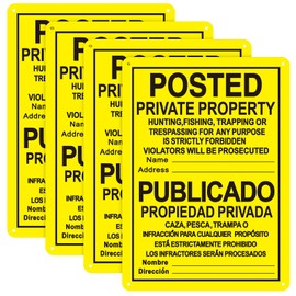Tandefio 4 Pcs No Trespassing Signs Private Property 10" x 7" Bilingual English Spanish Reflective Aluminum Posted Signs Metal No Hunting Signs for Indoor Outdoor Hunting Fishing Trapping (Yellow)