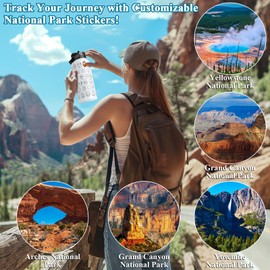 National Parks Water Bottle with Stickers, Birthday Gifts for Men and Women, 32oz Wide Mouth Leakproof Stainless Steel Bucket List Insulated Bottle for Camping & Hiking