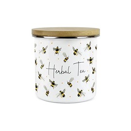 Purely Home Scattered Bees Herbal Tea Canister - White Metal Enamel Kitchen Food Storage Container