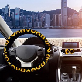 Sunflower Steering Wheel Set - Car Steering Wheel - Cute Seat Belt Shoulder Straps and Key Chain for Auto,