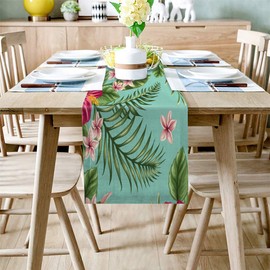Greeeen Cotton Linen Table Runner, Tropical Kitchen Table Runners for Family Dinner, Banquet, Parties and Celebrations, Hibiscus Hamabo Tropical Plants Leaves Flowers Table Decor, 18 x 72 inch