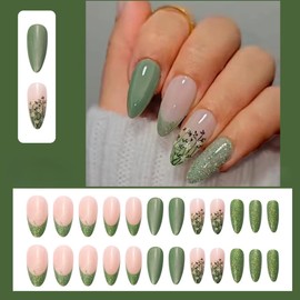 AkiliBIELY Almond Press on Nails Medium Green Black White Bare Floral Glitter French Tip Fake Nails Women Glue on Nails Acrylic Gel Stick on Nails Cute Fantasy Classy False Nails Wedding Birthday