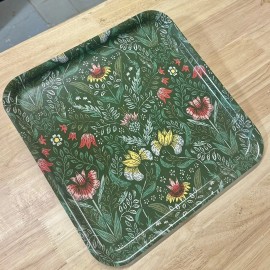 Ikea BIRKELANGA Tray Green Leaf Flower Slavic Pattern Red Yellow Flowers 13x13"