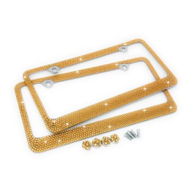 JR2 Premium 2 PCS Shining Crystal License Plate Frame+Free Crystal Cap+Screw (Gold)
