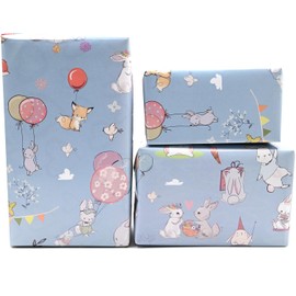 4 PCS Wrapping Paper Sheets, Recyclable Bunnies and Balloons Baby Blue Animal Gift Wrap Perfect for New Baby Boy or Girl Easter, Baby Shower Wrapping Paper Easter