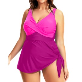 Daci - Traje de baño de una pieza para mujer, con dobladillo asimétrico, vestido de natación con pantalones cortos integrados, Mosaico rosa, 26 Plus