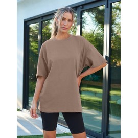 AUTOMET Womens Oversized T Shirts Workout Plus Size Short Sleeve Tops Casual Loose Basic Tees Summer Trendy Outfits 2025 Khaki L