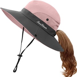 IYEBRAO Kids Girls Sun Hat with Ponytail Hole Summer Wide Brim UV Protection Bucket Cap for Beach ＆ Fishing（Pink）