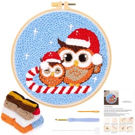 JSRQT Christmas Punch Needle Kit for Beginners, Punch Needle Embroidery Starter Kit Owl with Santa Hat for Adult Kids, DIY Cross Stitch Rug Hooking Beginners Kits with Punch Needle Tool for Home Decor