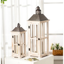 TIMRIS Large Rustic Wooden Decorative Lantern Set of 2, Modern Farmhouse Distressed Whitewash Floor Candle Lanterns, Indoor/Outdoor Hanging Lanterns for Home Decor (No Glass)