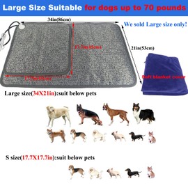 Pet Heating Pad for Large Dog Cat 34" x 21" - Electric Heated Bed With Soft Washable Cover, Water Resistant, Chew Resistant Cord - Keeps Pets Warmer