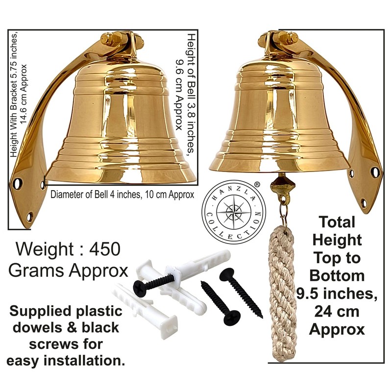 4" Solid Polished Brass Bell Marine Nautical Wall Mounted Hanging