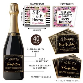 SUPERDANT 40 Stück Weinflaschen Etikettenaufkleber Happy Birthday In Schwarz Und Gold Selbstklebendes Etikett Weinflaschen Vase Dekoration Für Geburtstagsparty Jahrestag Babyparty Geschenk 8.5x10.2cm