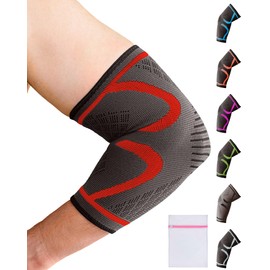 360 RELIEF Elbow Support for Men, Women, Kids, 1 Pack Compression Elbow Sleeve for Tennis, Golfers Elbow, Sports, Fitness, Gym, Weightlifting, Small, Red + Laundry Bag
