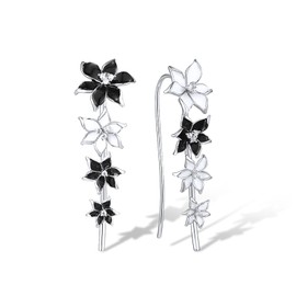 Santuzza Enamel Black & White Flower Ear Cuffs Climber Earrings Sterling Silver Orchid Ear Crawler Earrings for Women