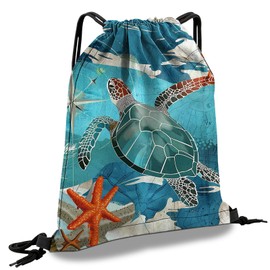 Cabreche Drawstring Backpack Draw String Sports Bags for Gym Travel Beach Waterproof Cute Sackpack Men Women Aesthetic (13"×17")-Sea Turtle
