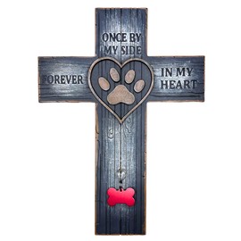 Top Brass Pet Memorial Wall Cross – Paw Print & Heart with Name/Rabies Tag, Collar Hook – Once by My Side Forever in My Heart – Loss of Dog/Cat Sympathy Decor