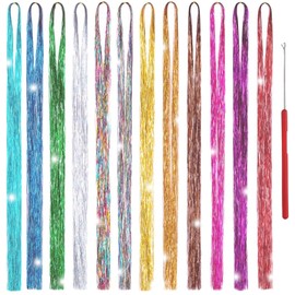 Hair Tinsel Strands Kit With Tool, 12 Colors 2400 Strands Sparkling Party Tinsel Hair Extensions Highlights Multi-Colors Synthetic Shiny Hair Streak Bling 90CM（12 color/set）