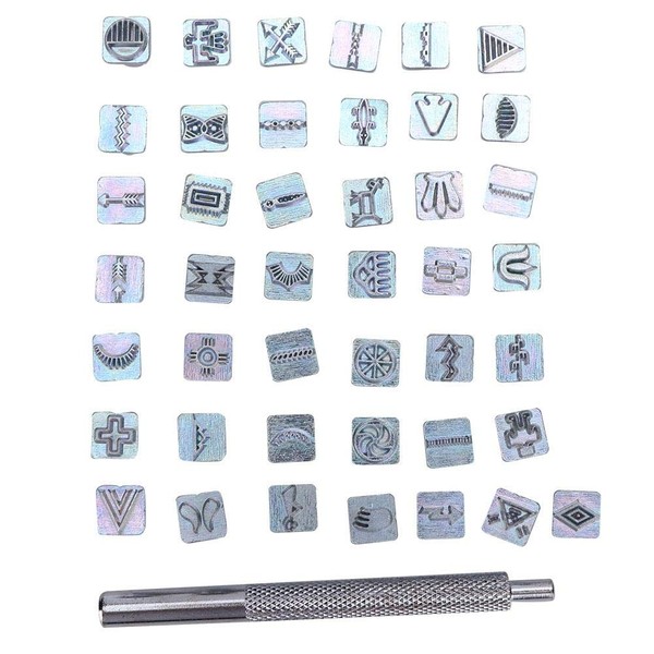 Set of 42 Zinc Stamps Assorted Symbols Model Craft Leather Accessories with 1 Handle Tool