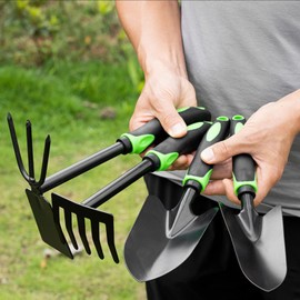 Garden Tool - 4Pcs Planting Tools, Gardening Flowers Indoor Plants Tools - Includes Hand Trowel, Transplant Trowel and Cultivator Hand Rake with Soft Rubberized Handle