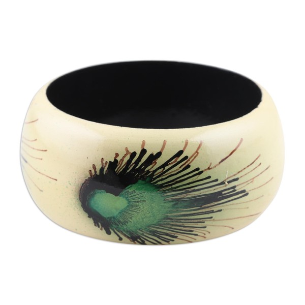 NOVICA Handcrafted Haldu Wood Peacock Feather Motif Bangle Bracelet Brown